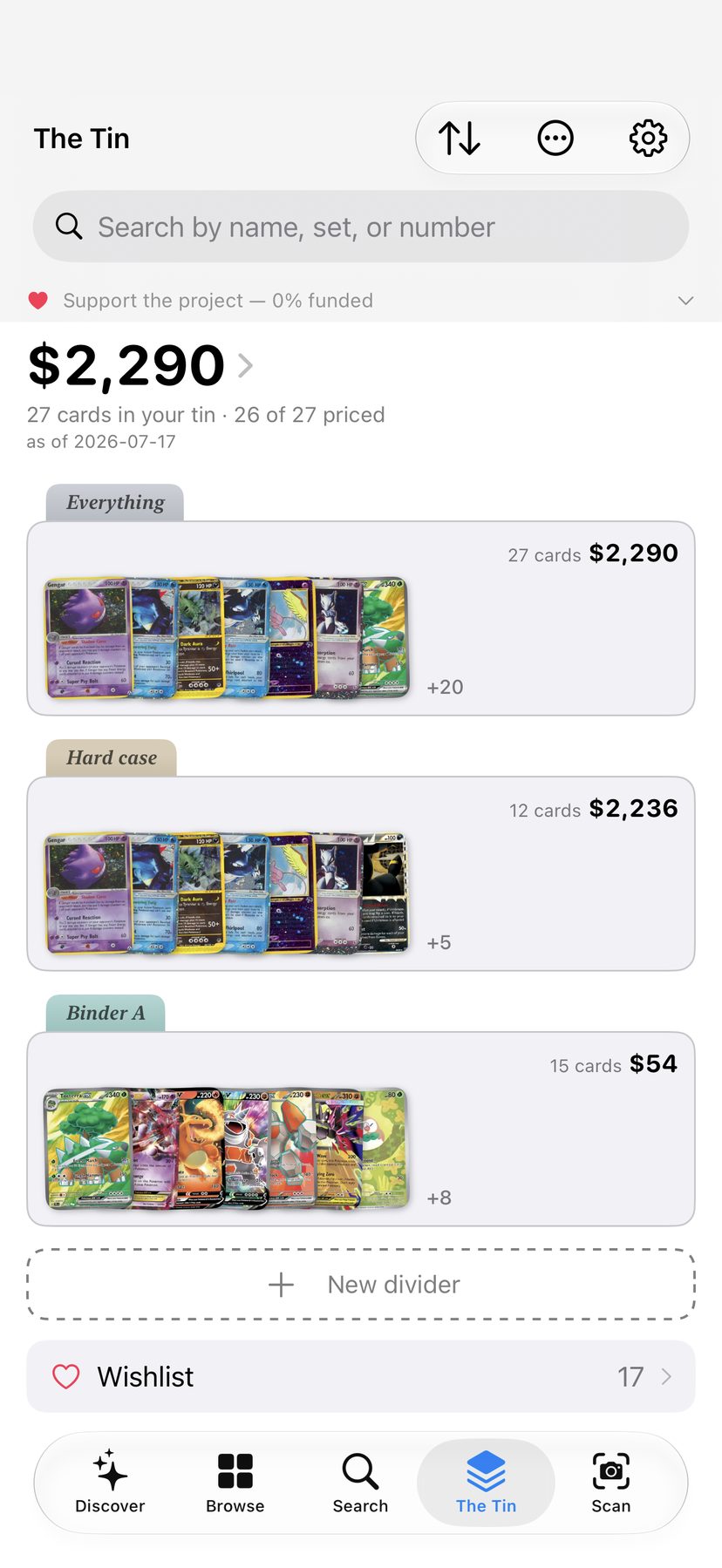 The Tin's collection screen: a $2,290 tin of 27 cards organized into Everything, Hard case, and Binder A dividers with riffled card art previews